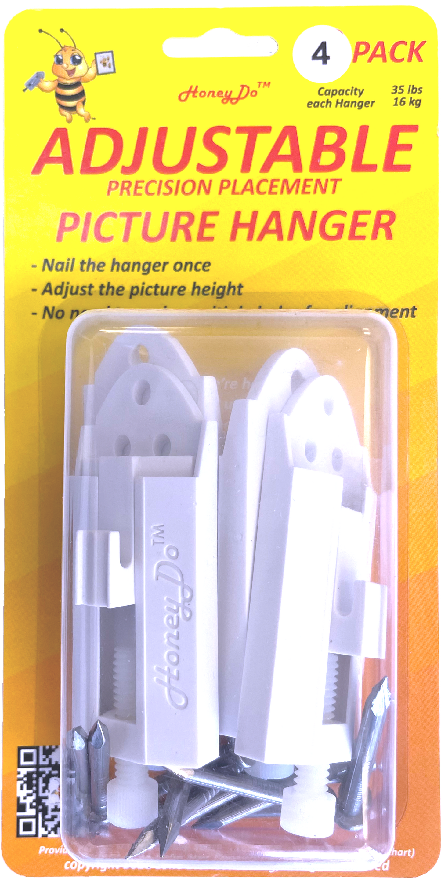4 - HD1-2021-4 ___ 4-Pack HoneyDo picture Hanger adjustable hook- White