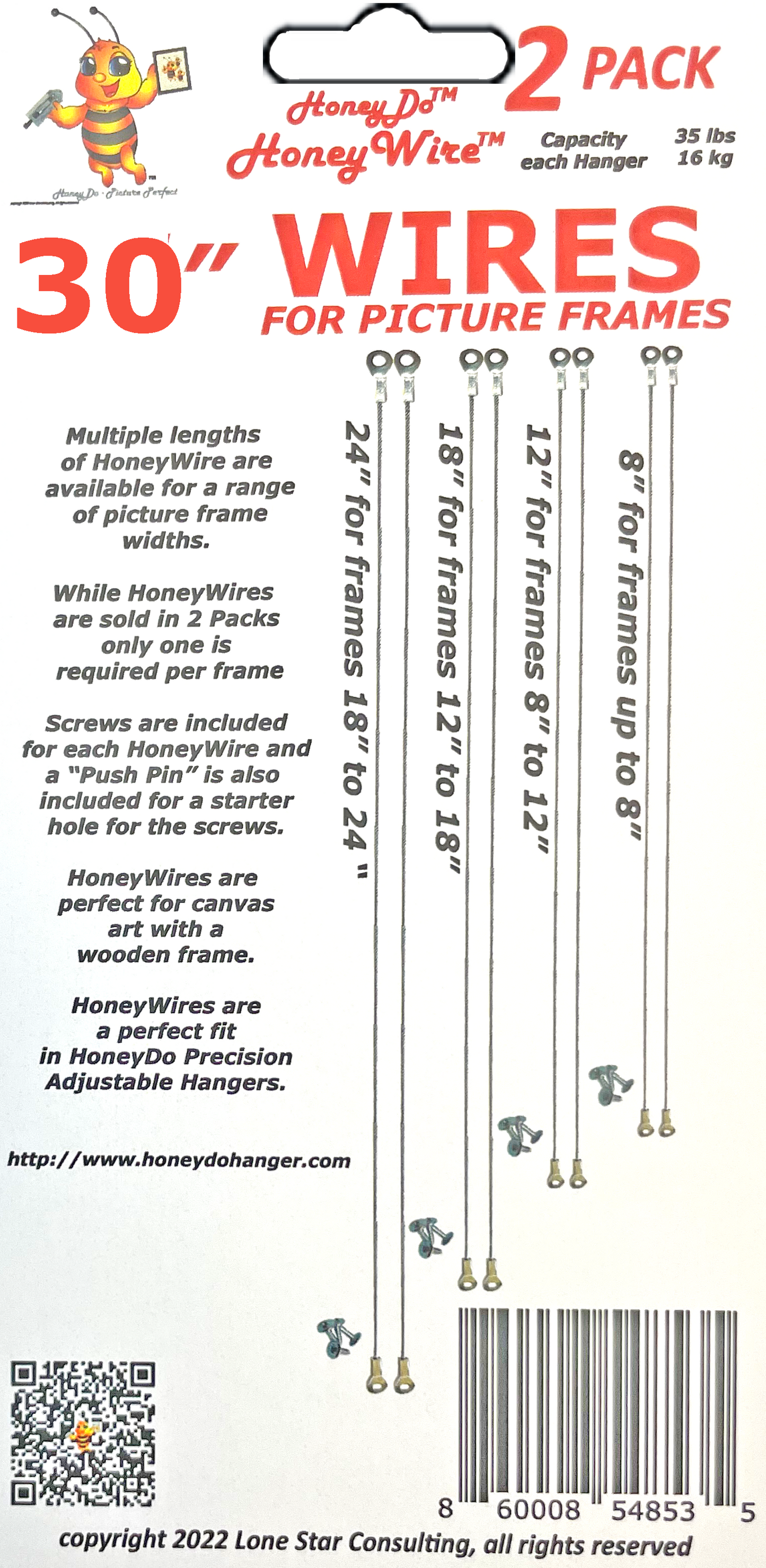 HW0230 - Standard HoneyWire™ 2 Pack 30" Precision Picture Hanging Wire for frames 24" to 30" Wide