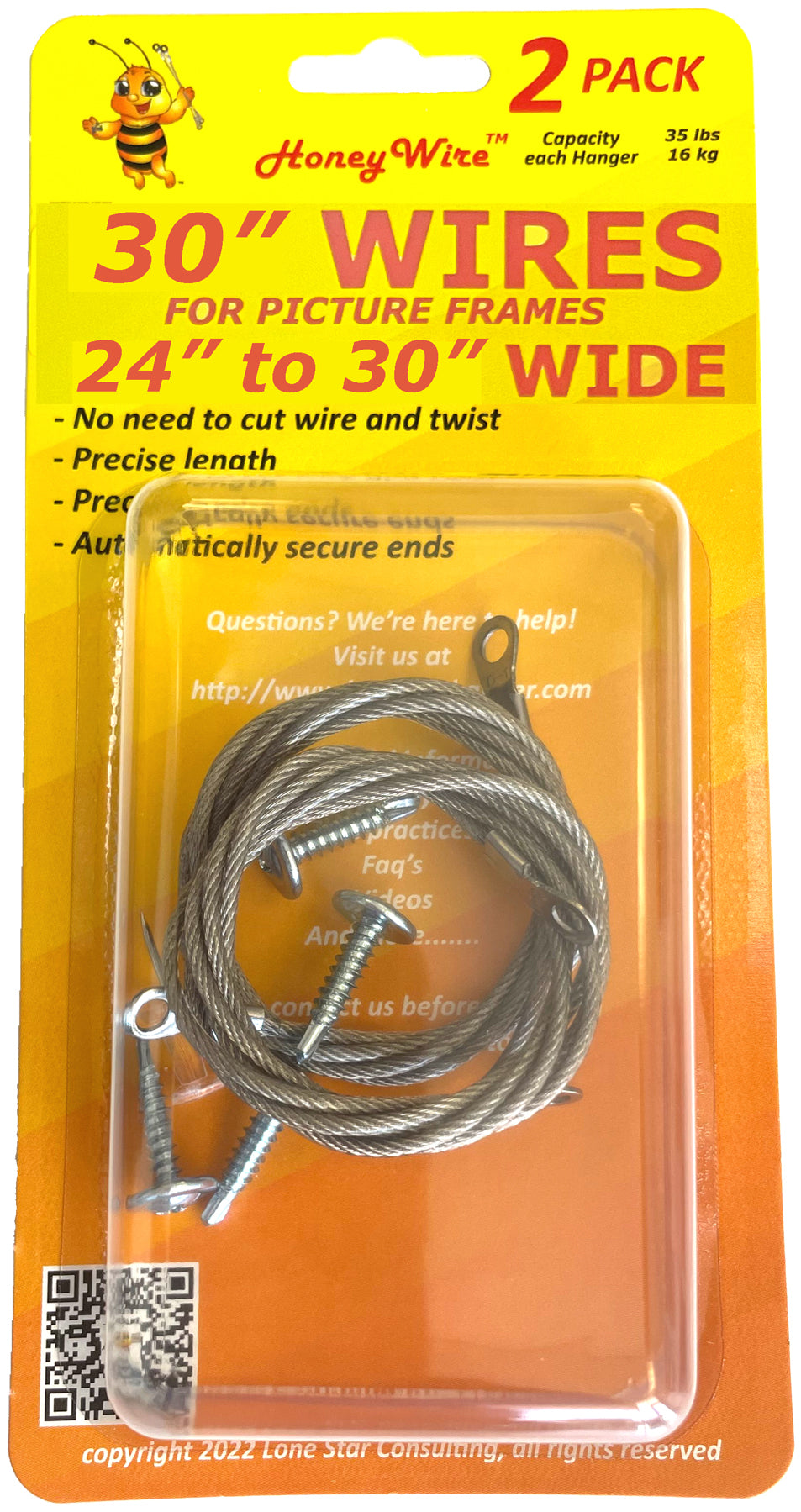 HW0230 - Standard HoneyWire™ 2 Pack 30" Precision Picture Hanging Wire for frames 24" to 30" Wide