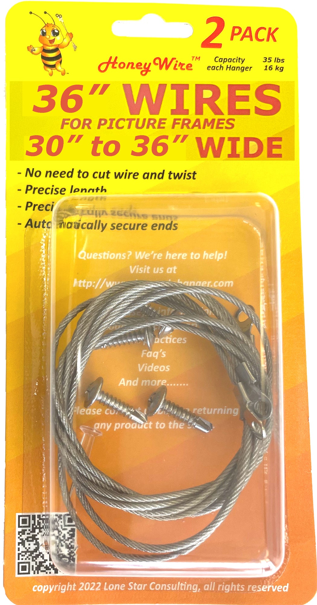 HW0236 - Standard HoneyWire™ 2 Pack 36" Precision Picture Hanging Wire for frames 30" to 36" Wide