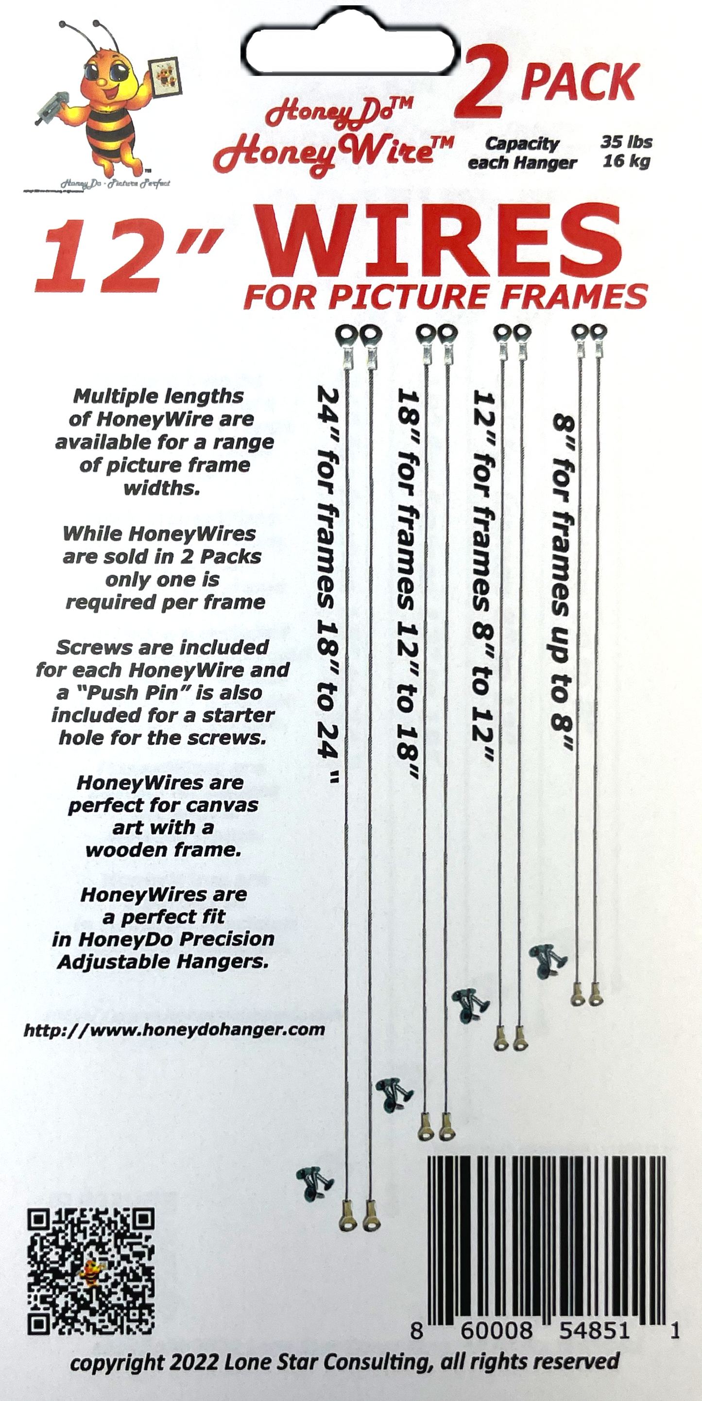 HW0212 -Standard HoneyWire 2 Pack 12" Precision Picture Hanging Wire for frames 8" to 12" wide