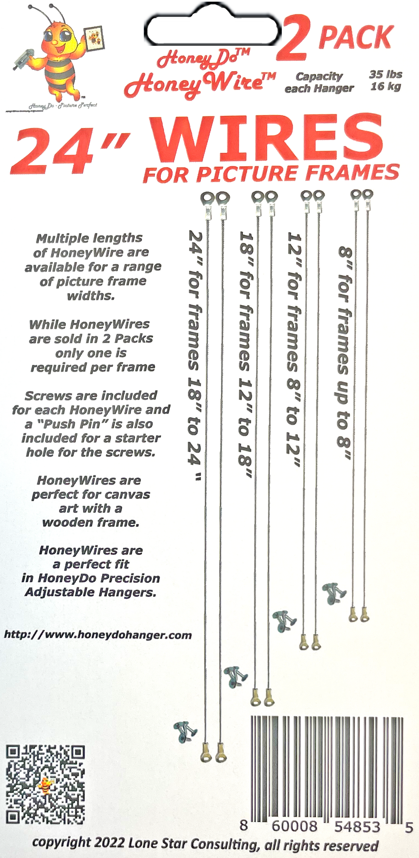 HW0224 - Standard HoneyWire 2 Pack 24" Precision Picture Hanging Wire for frames 18" to 24" Wide